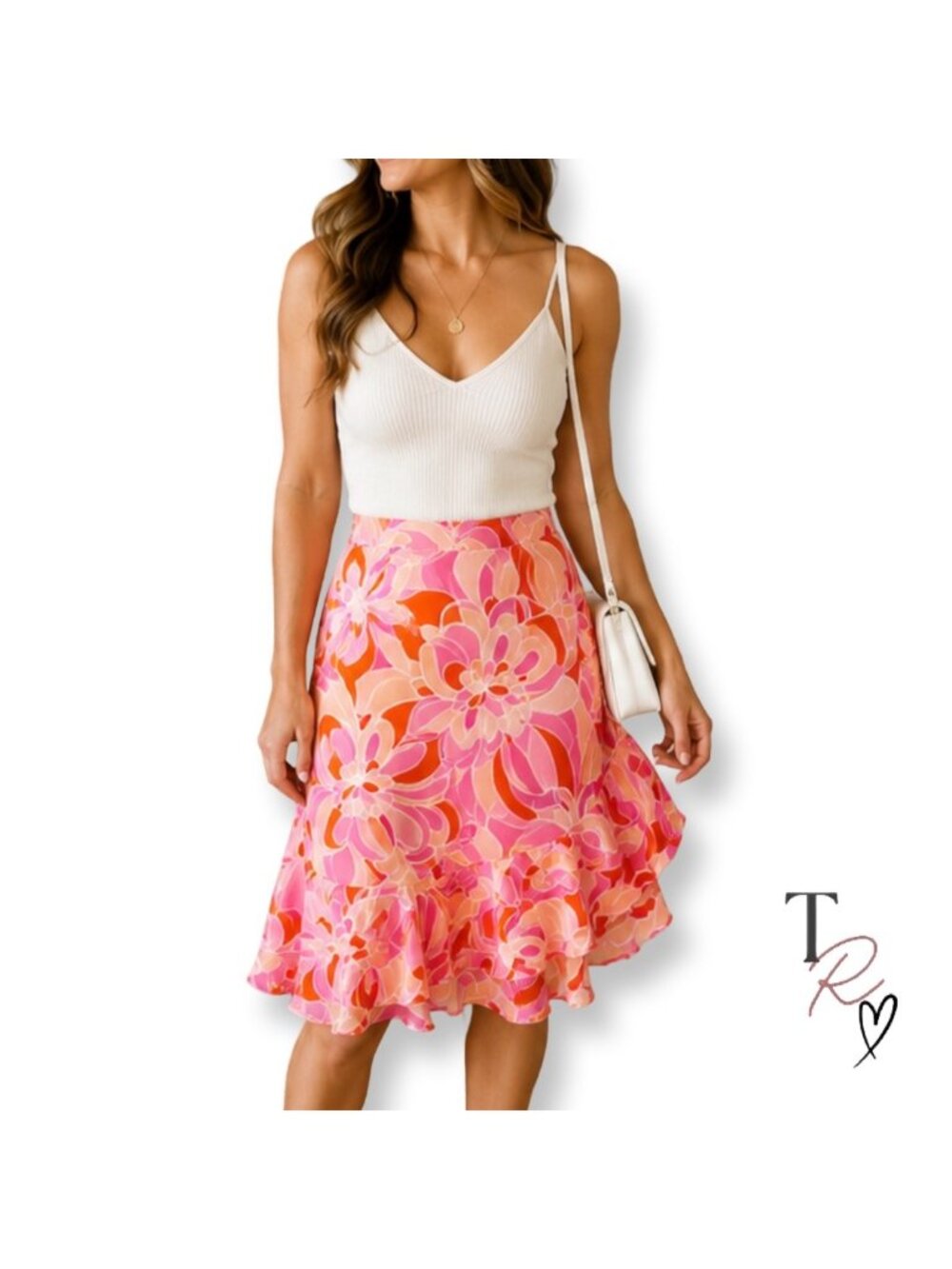 Allison Taylor Y2K 100% Silk Pink Orange Retro Floral Ruffle Midi Skirt Size 10